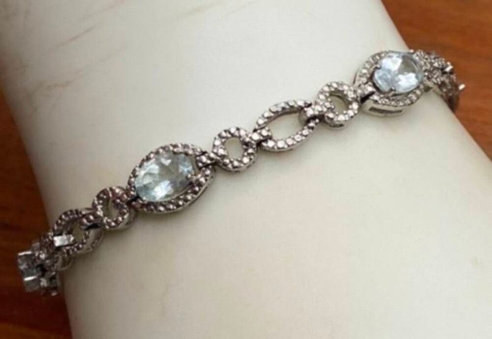 Gorgeous MILOR 925 Sterling Silver Faceted Genuine Aquamarine Link Bracelet